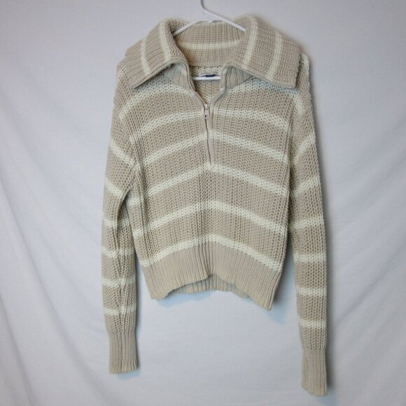 American Eagle Beige Knit 1/4 Zip Sweater Collared Striped Preppy Women's Small - Picture 1 of 8